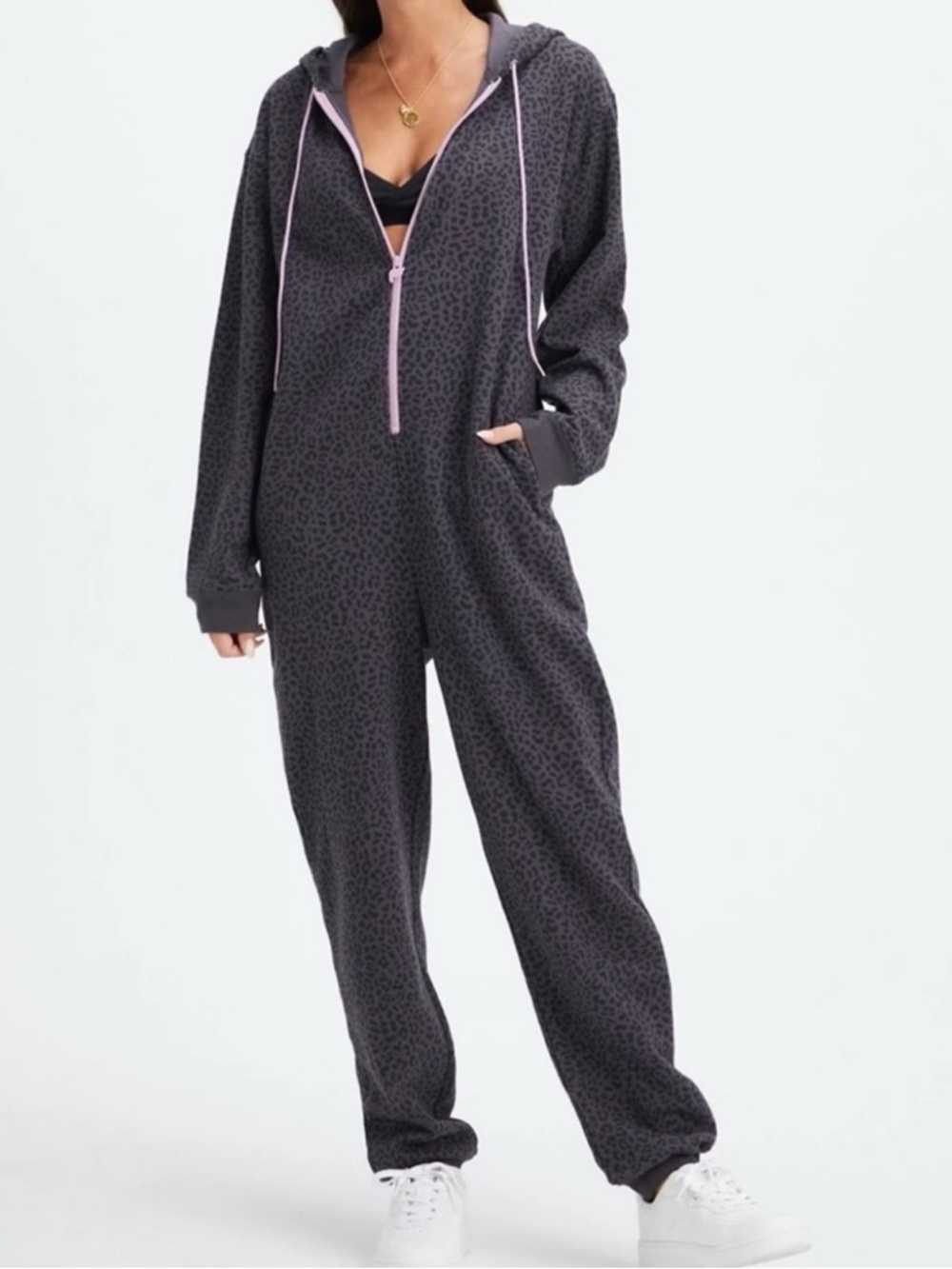 Fabletics‎ Forever Fleece Hooded One piece S - PEWTER TWO TONE LEOPARD/ORCHID